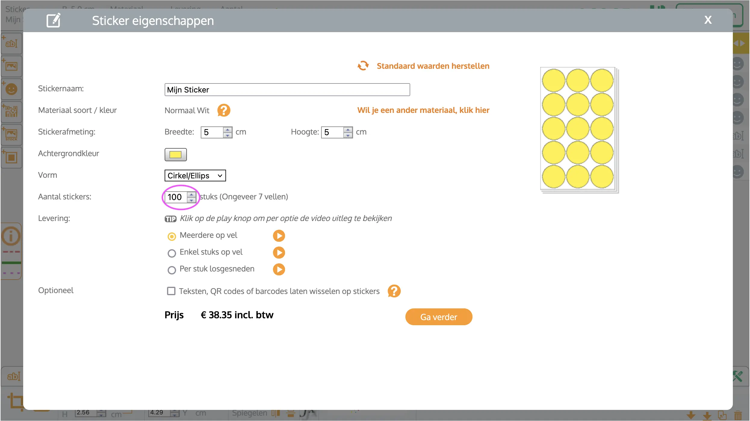 Aantallen wijzigen stickereigenschappen