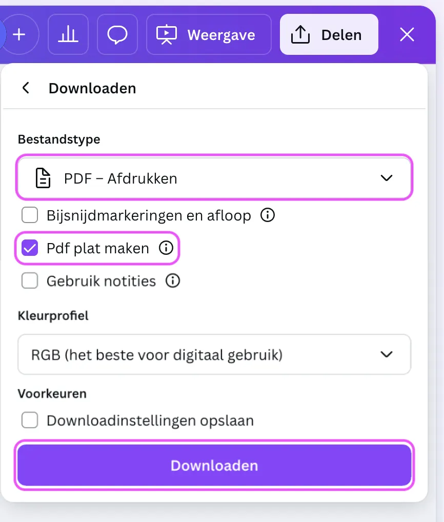 Opslaan vanuit Canva