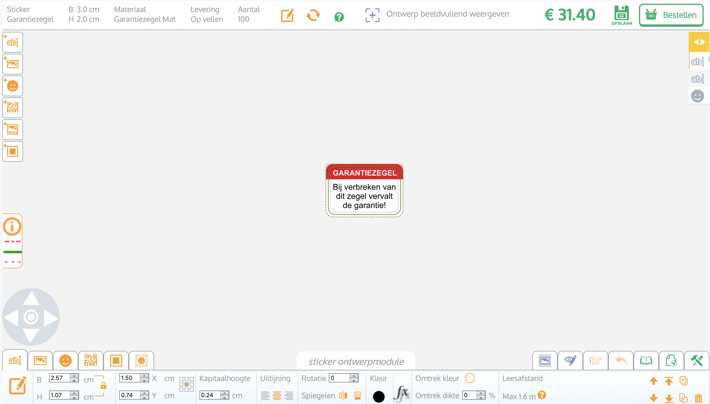 sticker ontwerpmodule op ware grootte